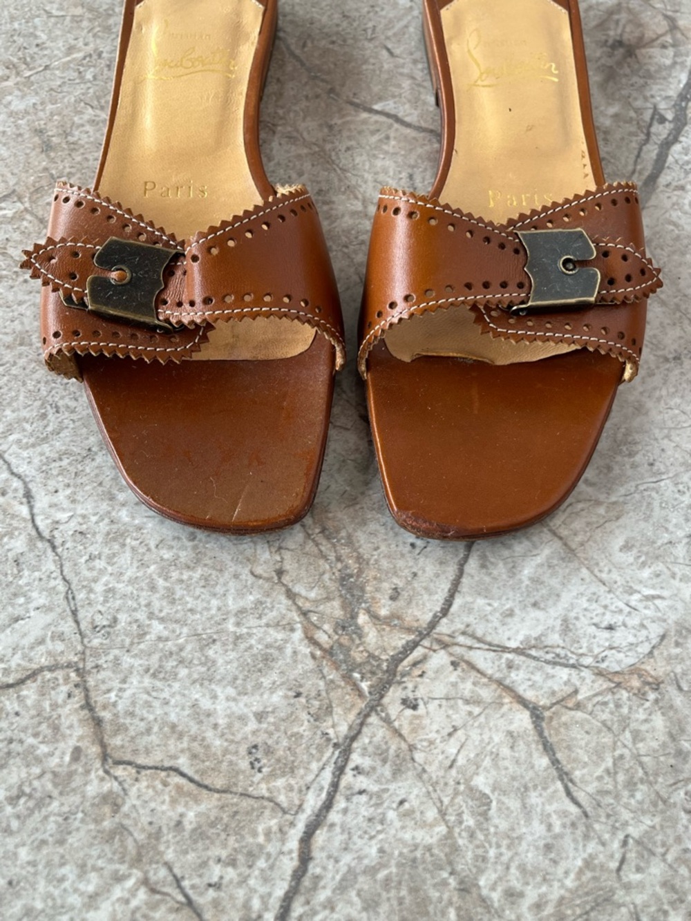 Christian Louboutin Leather Brogue Slides Mules Brown Buckle Sandals - Picture 6 of 10